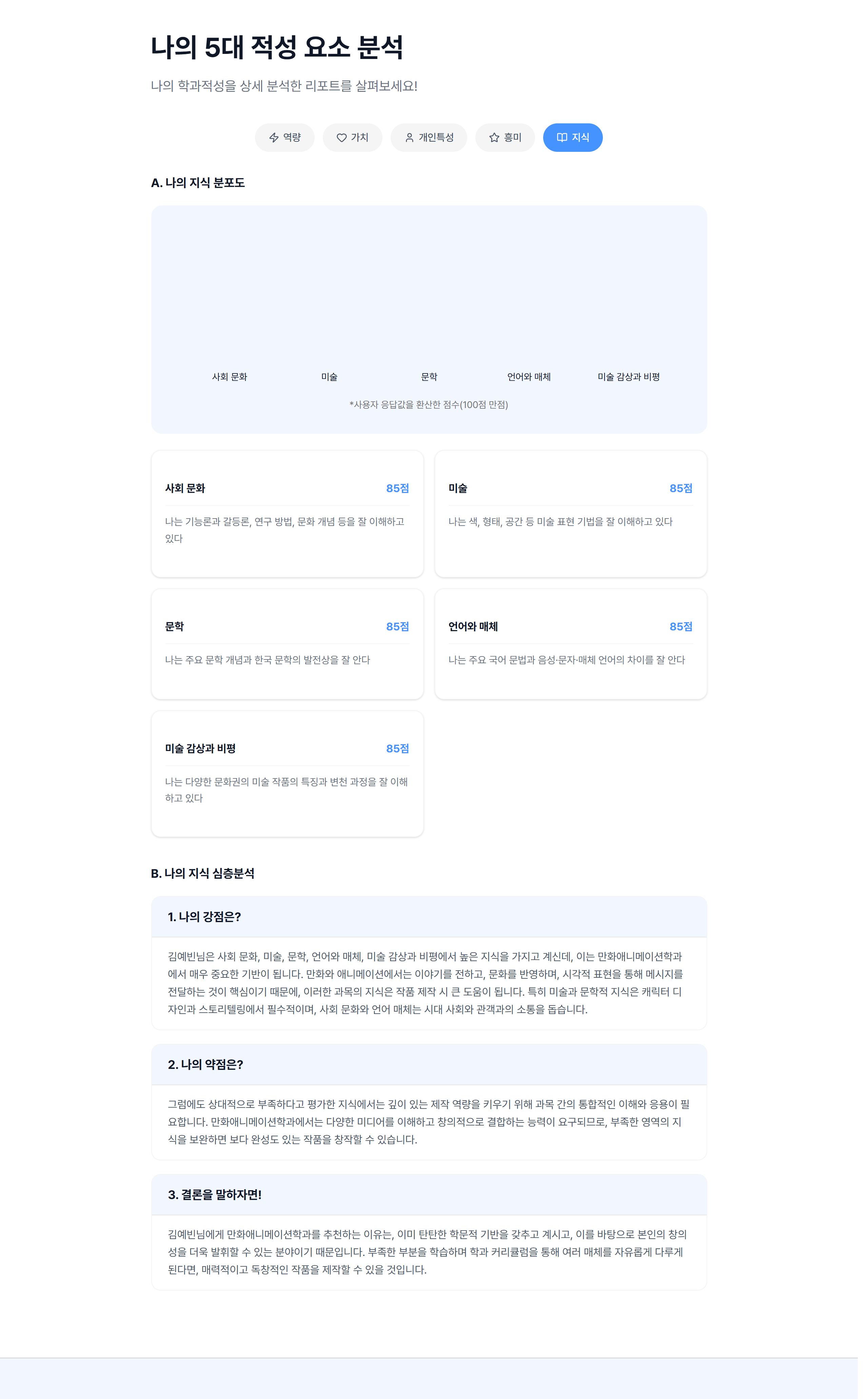 03 적성요소 분석 · 지식 탭 — 대학생 검사의 지식 영역은 "이론"과 "지식" 두 종류 문항으로 구성된다.
