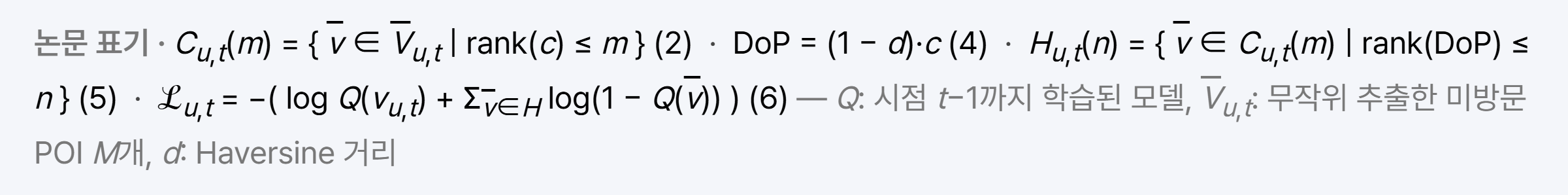 논문 표기 정리 — 후보 집합 C_{u,t}(m), DoP, HN 집합 H_{u,t}(n), 교차 엔트로피 손실.