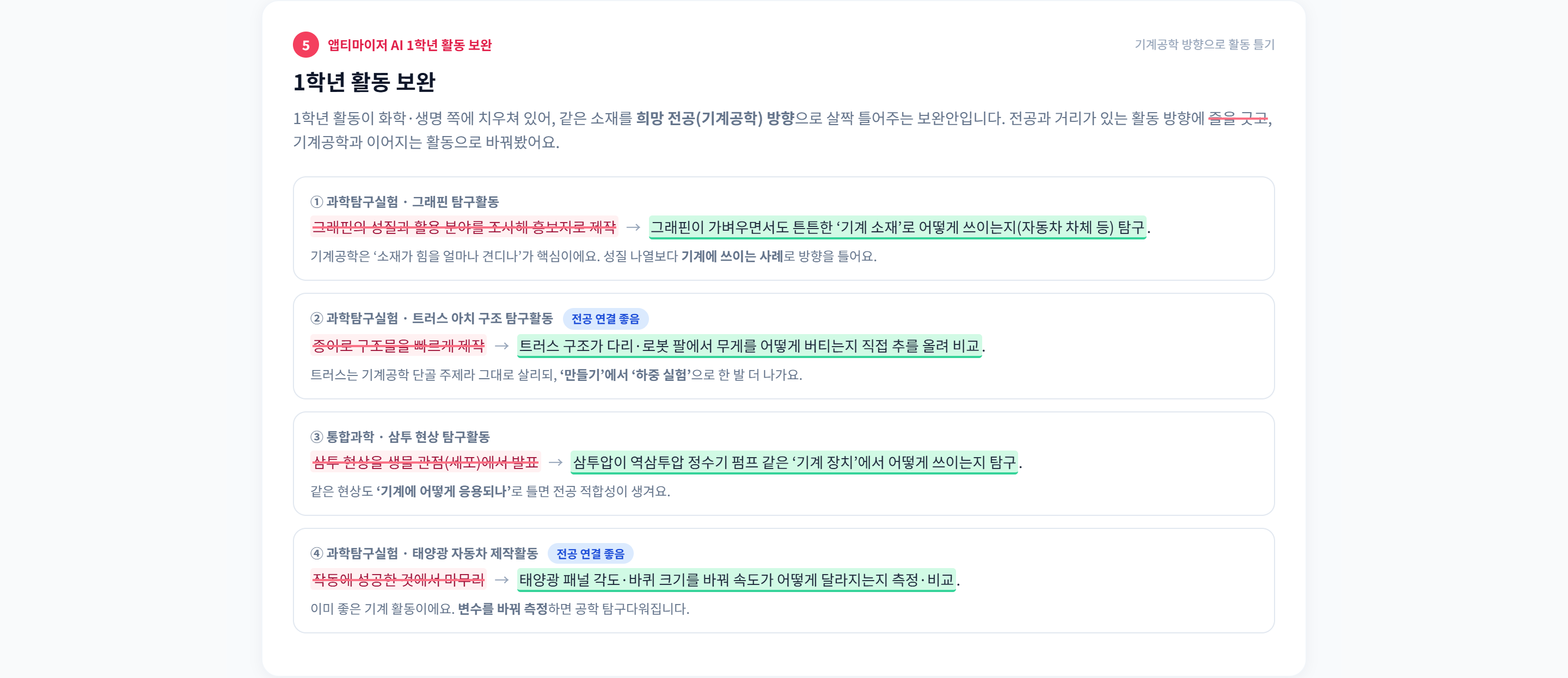 섹션 5 · 1학년 활동 보완. 이미 한 활동에 취소선을 긋고 기계공학과 이어지는 문장으로 바꾼 뒤 한 줄 이유를 쓴다. 전공과 가까운 활동에는 '전공 연결 좋음' 배지를 달았다.