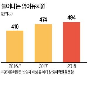 반일제 이상 유아 대상 영어학원 수가 2016년 410곳에서 2018년 494곳으로 늘어난 추이 — 아이템 선정의 근거로 인용한 시장 지표.