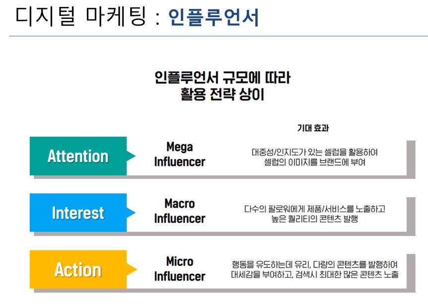 마케팅 전략의 전제로 인용한 표 — 인플루언서 규모에 따라 기대 효과가 Attention(메가) · Interest(매크로) · Action(마이크로)으로 갈린다.